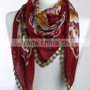 Turkish Scarf Square Cotton Oya Yazma Handmade Cowl With Lace Edge Shawl Pasmina Yemeni Weil NWOT thumbnail-1