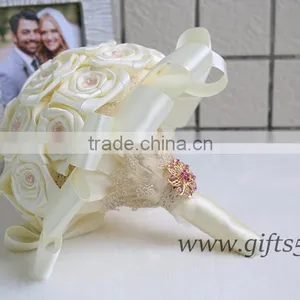 Lovely Satin Roses Bridal / Bridesmaid Bouquets With Lovely Pink Beads and Brooch thumbnail-3