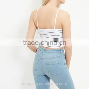 2016 Ladies Sexy White Ribbed Stripe Crop Top HST8040 thumbnail-3
