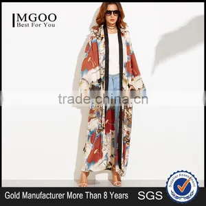 Custom Floral Print Women Beachwear Multicolor Flower Print Contrast Trim Belted Maxi Kimono thumbnail-1