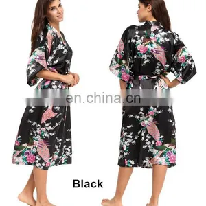 Women's Peacock Print Half Sleeve Silk Kimono Bridesmaid Long Robe Nightgown thumbnail-6