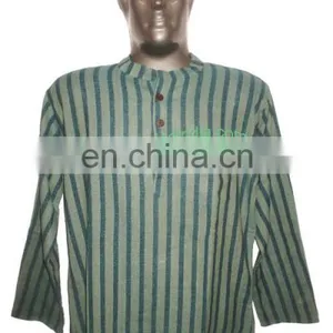 Full Sleeve Short Khadi Yoga Kurta Striped, Size : Chest 46 x Height 30 Inches (medium). thumbnail-1