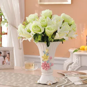 Pink Yellow Lily Rose Morning Glory Hand Made Ceramic Vase Decoration For Living Room thumbnail-4