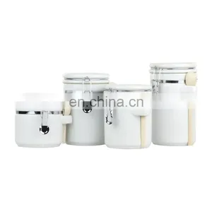 Airtight High Quality Kitchenware Airtight Vacuum Kitchen Ceramic Condiment Food Coffee Storage Jar Canister Set With Lid Spoon thumbnail-3