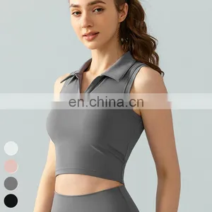 Custom Logo Fixed Pad Vest Slim Thin Breathable Fitness Running Crop Tops Lapel Sleeveless Sports Top Yoga Tank Top For Women thumbnail-1