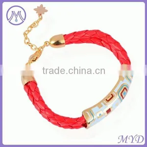 Red Leather Band With Fake Cloisonne Enamel Metal Clip Bracelet thumbnail-1