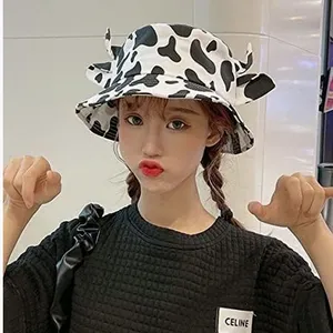 Cow Bucket Hat With Cute Horn Ears Cow Print Summer Fisherman's Hats Print Sun Cap for Women With Uv Protection thumbnail-1