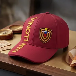 Vinotinto Football Fan Merch Vertical 3D Puff Lettering Burgundy Gold Shield 6 Panel Baseball Cap thumbnail-2