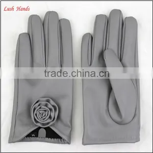 Ladies Wholesale Cheap PU Leather Hand Gloves Grey With Roses thumbnail-2