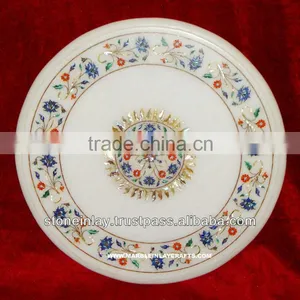 White Marble Stone Inlaid Antique Home Decorative Table Top thumbnail-1