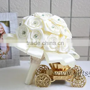 White Handmade Satin Rose Wedding Bouquet With Crystal thumbnail-3