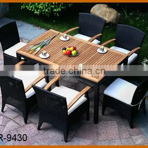 Wood Dining Table 6 Chairs Set Poly Rattan Material thumbnail-1