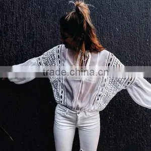 Runwaylover 126 Hot Sale 2017 Ladies Fashion Lace Transparent Chiffon Blouse thumbnail-1