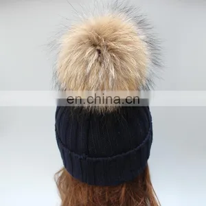 Fluffy Large Fur Pompom Hats Real Raccoon Fur Knitted Hats Wholesale Winter Hats thumbnail-4