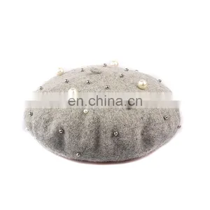 2017 Fashion Woman Spring Pearl Wool Beret Hat thumbnail-6