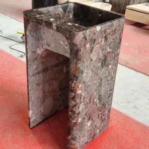 Cuckoo Red Marble Free Standing Pedestal Sink Polished Natural Stone Basin Factory Direct Custom Size for Hotel Villa Home thumbnail-3