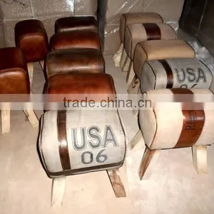 Canvas Leather Industrial Stool in Mango Wood thumbnail-3