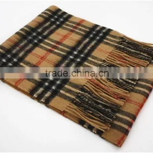 Camel Yarn Dyed Checked Double Faced Plain Wool Scarf With Fringe thumbnail-2