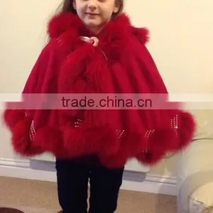 Winter Elegant Kids Women's Real Fox Fur Trim With Cashmere Cape thumbnail-1