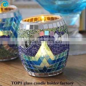 Silver Blue Mosaic Glass Hurricane Candle Holder thumbnail-2