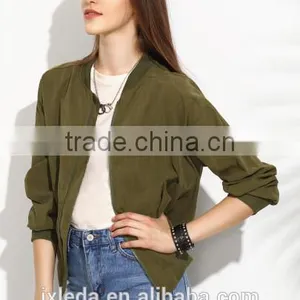 Olive Green Drop Shoulder Ladies Bomber Jacket With Zip Pocket thumbnail-2