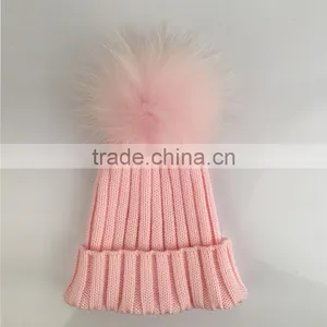 Myfur Baby Pink Removable Real Dyed Raccoon Fur Pom Poms Crochet Hat thumbnail-3
