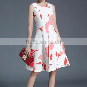 A-line One-piece Printed Leaf Pattern White Retro Dress thumbnail-1