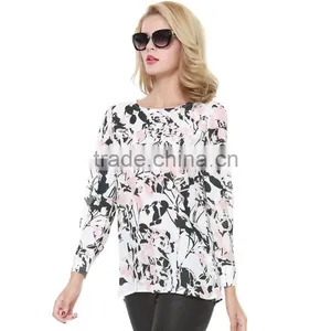 Women's Autumn New Style Back Split Ink Printing Leaves Pattern Long Sleeve Chiffon Shirt thumbnail-1