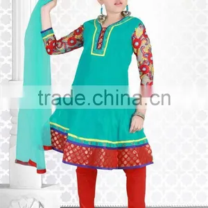 Rama Green Color With Red Lace at Neck and Border at Bottom Salwar Kameez Sizzling Girls Ready Made thumbnail-1