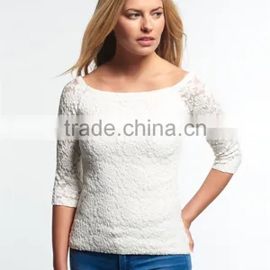 2016 Guangzhou Shandao Hot Selling New Arrivals Summer Casual Fat Women 3/4 Sleeve White Boat Neck Slim Lace Plus Size Top thumbnail-3