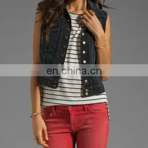 Fashion Women Denim Vest Washed Sleeveless Snap Black Denim Jacket thumbnail-1