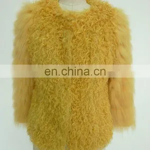 Ladies Round Neck Seven Sleeve Yellow Fur Coat With Invisible Button thumbnail-1