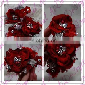 Aidocrystal Red Bridal Wedding Hairpiece,red Flower With Pearl Bridal Hair Flower Accessories, Hair Clip thumbnail-2