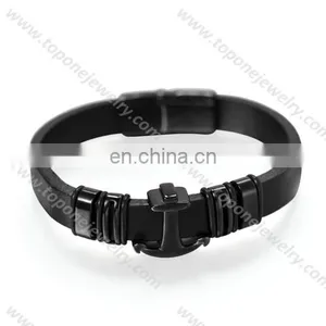 Stainless Steel and Black PU Leather Bangle Bracelets for Men 2017 thumbnail-1