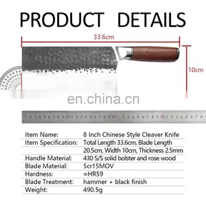 8 Inch Chinese Style Forged Hammered Stainless Steel Kitchen Meat Cleaver Chopping Knife With Wood Handle Slicing Knife thumbnail-5
