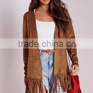 2015 Women Winter Long Sleeve Faux Suede Jacket With Fringe Hem thumbnail-2