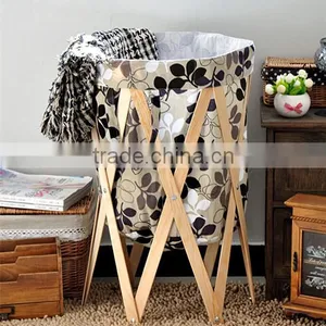 High Quality Round Home Foldable Laundry Storage Basket With Wood thumbnail-3