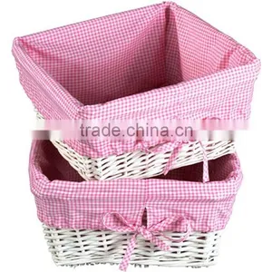 White Wicker Basket Set With Pink Liners, White Wicker Basket With Pink Liner thumbnail-1