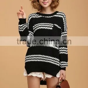 OEM Ladies Fashion O-neck Long Sleeve Stripe Heavy Knit Woman Sweater thumbnail-1