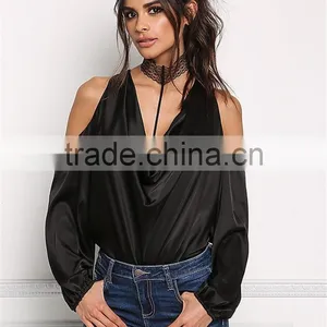 MGOO Custom Made 2017 100% Polyester Satin Silky Blouses Custom Factory Cowl Neck Tops Plain Long Sleeves Shirts thumbnail-5
