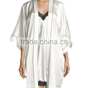Contrast-Trimmed Silk Kimono Robes Night Gown Satin Bathrobe thumbnail-3