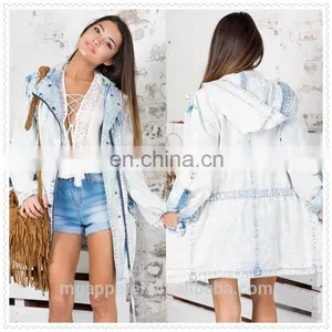 High Quality OEM Garment Oversized Casual Light Blue Women Trench Coat With Hood thumbnail-1