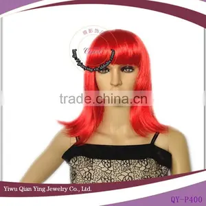Cheap Long Straight Red Synthetic Party Wigs With Neat Bang thumbnail-1