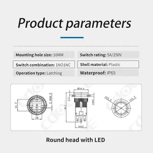 Ip67 16mm Flat and Ring Illumination Head 12v Plastic 1no1nc Security Push Button Switch Momentary thumbnail-3