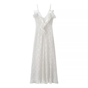 2025 New Fashionable Elegant Women's V-Neck Backless Wave Pleated Ruffle Dress thumbnail-3