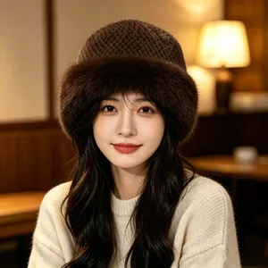 Women Winter Faux Fur Beanie Hat Fluffy Knitted Faux Fox Fur Style Warm Domed Ski Cap Luxury Plush Brim Winter Hats for Ladies thumbnail-4