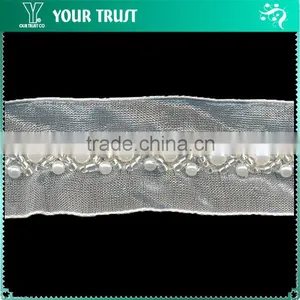 Clear Rhinestone Cup Gold Gold Chain Gold Metallic Thread White MeshTrimming thumbnail-4