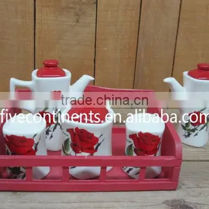 Ceramic Salt Pepper Shaker Oil Vinegar Pot Cruet Set With Sugar Bowl in Wooden Base thumbnail-1