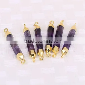 Natural Amethyst Quartz Stone Connector Beads, Gold Plated Edged Point Druzy Stones For Jewelry Making thumbnail-1