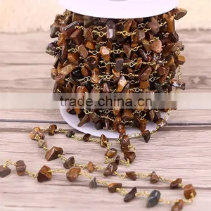 Natural Tiger Eye Stone Beads Wire Wrapped Chip Beaded Chain - Bronze Wire Wrapped Rosary Chain thumbnail-1